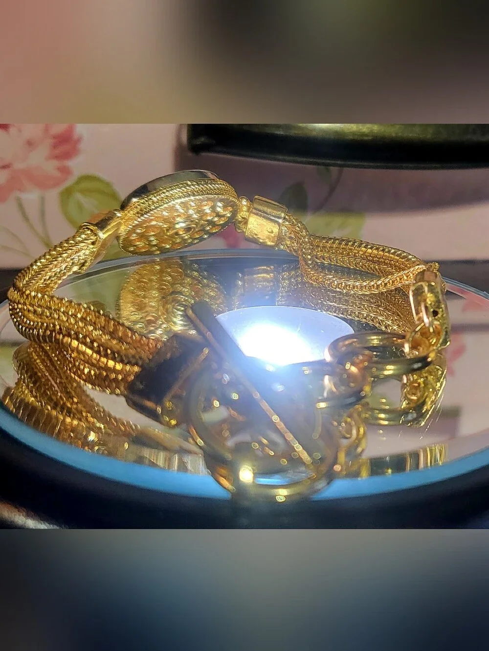 NUGZ USA Gold Tone Multi-Strand Mesh Snap Charm Bracelet Celestial Sun Moon